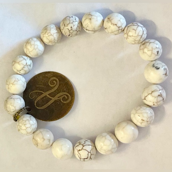 Gemstone bead elastic bracelet w/ A initial charm jewelry - Picture 7 of 16